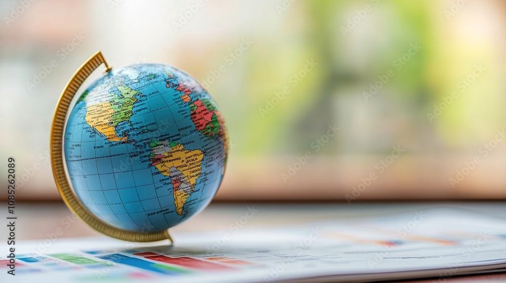 Poster a close-up view of a colorful globe on a desk with charts and data visualizations in the background 