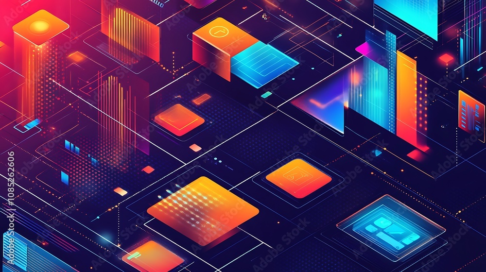 Poster abstract isometric digital network with vibrant geometric shapes and lines