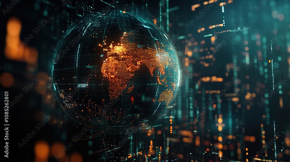 Poster futuristic digital globe displaying world map surrounded by glowing data streams in a cyberpunk envi