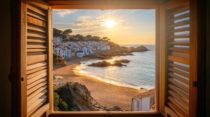 View through an open window with shutters of the sandy beach, rocky coastline and whitewashed town of Calella de Palafrugell, Spain, on the Costa Brava coast as the sun sets