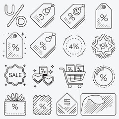 Modern Thin Line Discount & Promotion Icon Set for E-Commerce Platforms – Dynamic Sale Badges, Price Tags, and Coupons