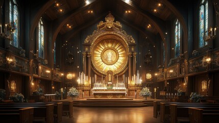 Fototapeta premium Ornate church interior with altar, stained glass, and golden details.