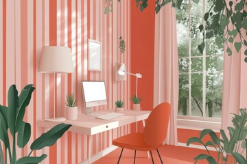 Cozy minimalist home office with red striped walls and greenery for modern workspace inspiration