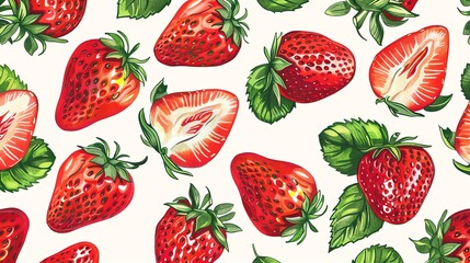 A seamless pattern of fresh strawberries and green leaves on a white background.