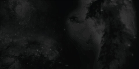 Whimsical and mysterious space scene with swirling dark clouds of dust, subtle light rays, and distant glowing stars
