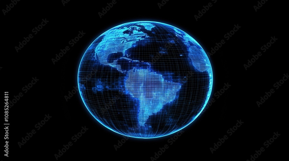 Aufkleber digital globe with neon blue casing and grid overlay representing global connectivity in a futuristi