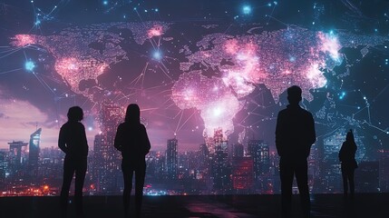 Futuristic City Silhouettes at Dusk: A Stunning Poster for Sports Interiors Highlighting Global Connections and Networked Vision
