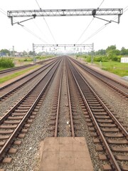Fototapeta premium Railway track with switch and interchange connecting multiple routes, routes, steel