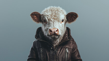 cow wearing leather jacket poses confidently against neutral background, showcasing unique blend of animal and fashion. This whimsical image captures attention and sparks joy