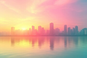 Obraz premium Minimalist urban skyline at sunset with colorful sky reflection on water