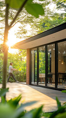 Naklejka premium Moderne Terrasse mit Blick auf Essbereich durch offene Glasschiebetüren