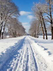 Obraz premium Winter landscape of pine forests alongside a snow-covered path under a clear blue sky
