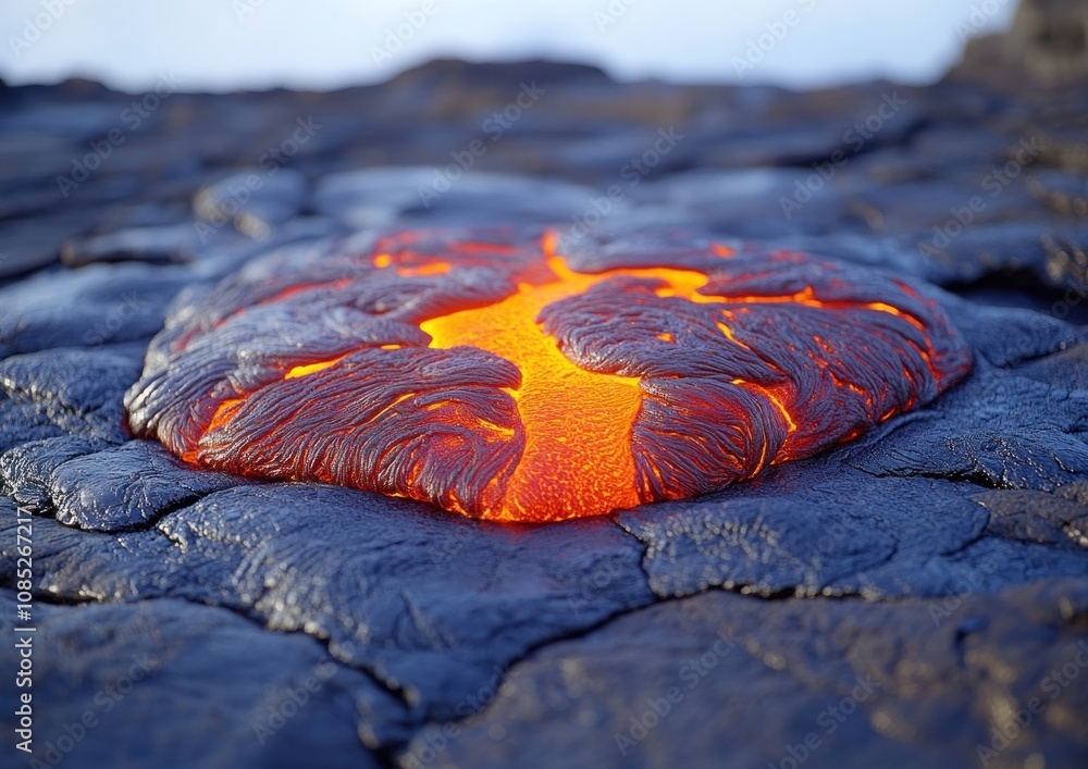Poster molten lava bubbles and flows dynamically within the volcano's crater