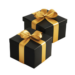 Obraz premium Elegant Black Gift Boxes With Golden Ribbons and Bows on transparent background. png gift box, black gift box png, 3d render gift box png