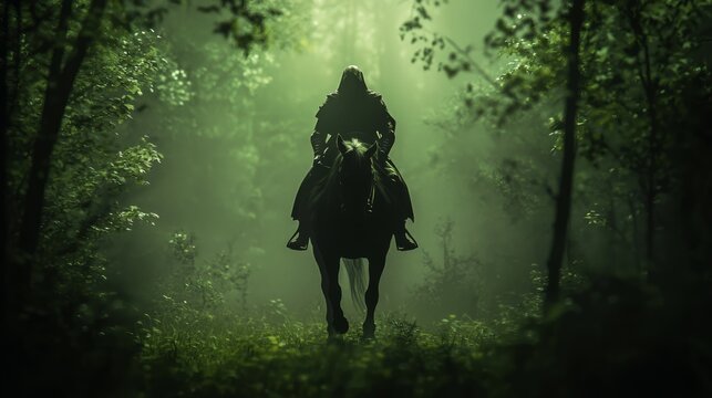 Dark Fantasy Warrior Riding Majestic Horse Through Mysterious Forest | Ultra-Detailed 3D Render Digital Artwork