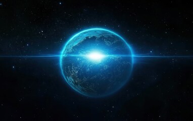 Futuristic Planet Surrounded by Cosmic Energy with a Bright Light in the Center, Set Against a Deep Space Background Filled with Stars and Mystical Elements