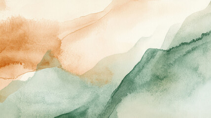 Serene watercolor blend of earth tones, featuring soft greens and warm oranges, creating calming and harmonious atmosphere