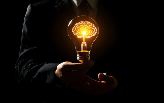 Businessman Holding Illuminated Brain Lightbulb