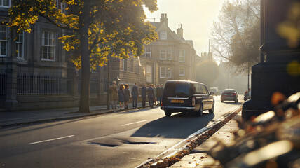Funeral Procession. Urban street with a hearse and people walking 