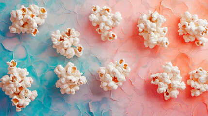Popcorn arranged on a watercolor background as floral patterns, dreamy artistic style