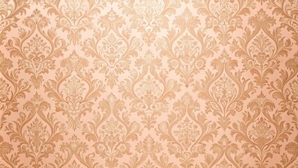 Soft peachy pink damask patterned wallpaper with intricate gold trim and subtle texture, gold accent, classic design, soft peach color, wall art, damask patterns