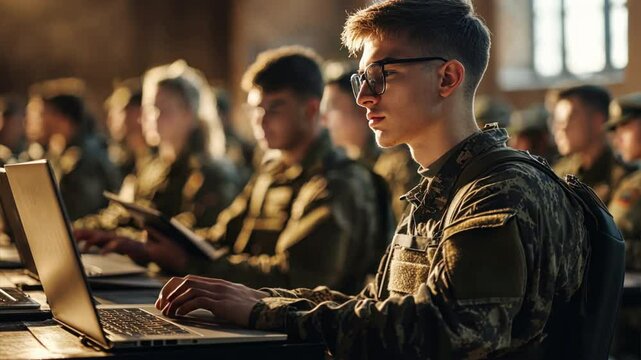 Soldiers in a classroom at an army training school, learning about logistical operations and military planning, with instructors guiding them through real-world scenarios