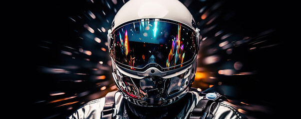 Spectacular close-up of a futuristic astronaut in a mirrored helmet with vibrant light effects in a dark background