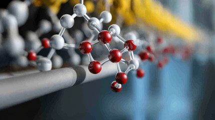 Molecular structure with red and white atoms, showcasing chemical bonds and scientific concepts. This detailed representation highlights complexity of molecular interactions