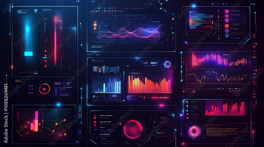 Poster futuristic neon-lit data visualization interface with multiple graphs and charts