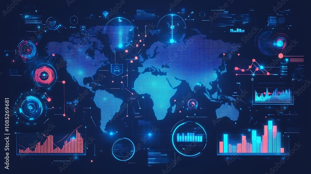 Poster global network security data visualization with interactive hud elements