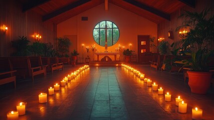 Serene chapel interior at night with candlelit aisle leading to altar.