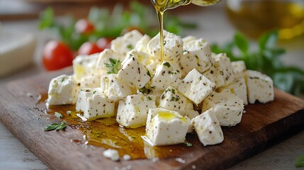 A close-up image of diced feta cheese on a wooden board