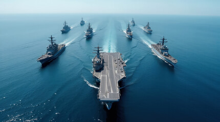 Aircraft carrier and warships sailing in formation on deep blue sea