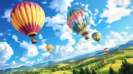 Fototapeta premium Whimsical Hot Air Balloons Over Rolling Hills