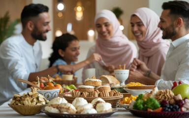 Muslim family enjoying traditional food during ramadan feast at home