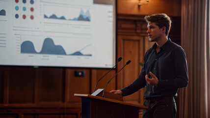 Young professional delivering business presentation with data visualization. Academic Presentation