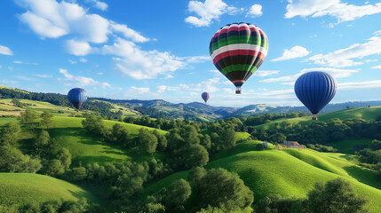 Fototapeta premium Whimsical Hot Air Balloons Over Rolling Hills