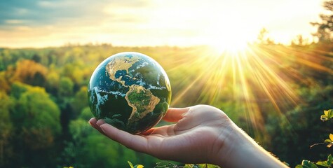 A Human Hand Holding a Globe Symbolizing Environmental Awareness and Global Unity Against Nature's Beautiful Backdrop at Sunrise