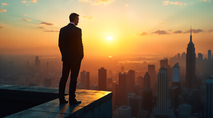 Fototapeta premium Businessman watching sunrise over new york city skyline