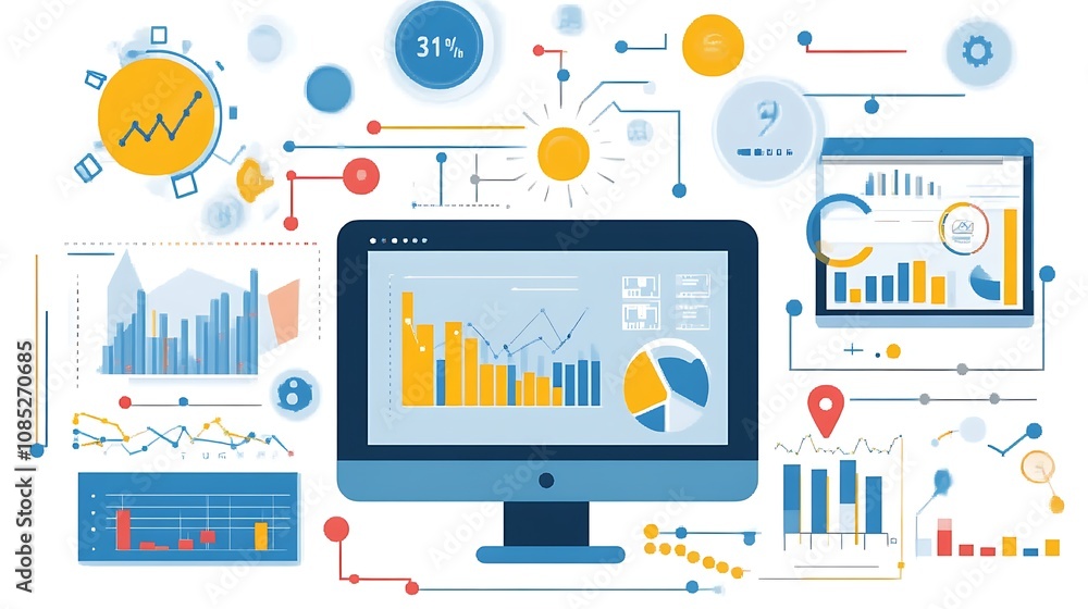 Poster data visualization: a connected network of charts, graphs, and metrics