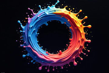 Abstract circle liquid motion flow explosion. Curved wave colorful pattern with paint drops on black background