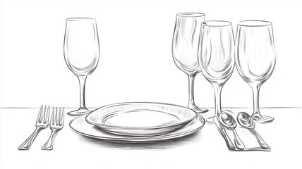 Vector cutlery set of plate,fork,spoon, knife,Table setting,top view,Vector hand drawn illustrations type of christmas dinner table,isolated illustration on white background,holiday greeting design.