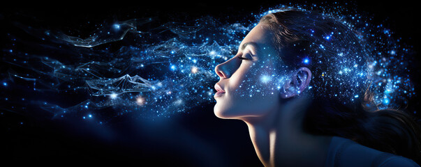 Woman with cosmic imagery emanating from her head against a dark background, conveying a sense of wonder and imagination
