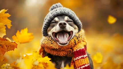 Obraz premium Happy Dog In Autumn Leaves Wearing Knit Hat And Scarf