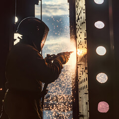 worker in protective gear uses a cutting tool, creating sparks in a dimly lit environment
