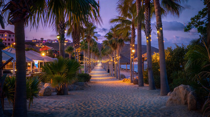 Obraz premium Evening beach pathway with illuminated palm trees at sunset. Curacao