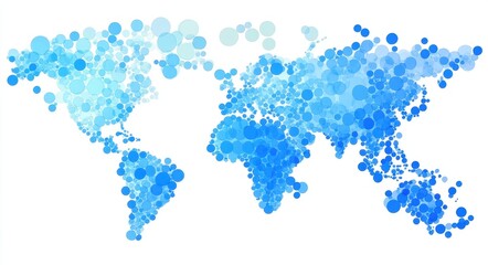 Fototapeta premium Abstract World Map Representation Using Blue Circular Dots Showcasing Geographical Regions and Various Population Densities in a Minimalist Design