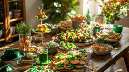 Festive st. patrick's day table with greenthemed treats and decorations