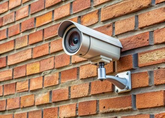 Aerial View of a Security Camera Mounted on a Brick Wall - Realistic Surveillance Technology Image for Security, Safety, and Home Protection Themes
