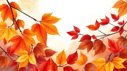 Watercolor background featuring autumn leaves in warm hues, nature, yellow, background